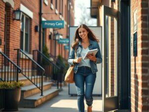 Young adult leaving a Philadelphia primary care clinic after a checkup.